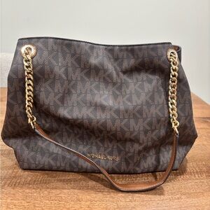 Michael Kors Dark Brown Signature Shoulder Bag with Gold Accents